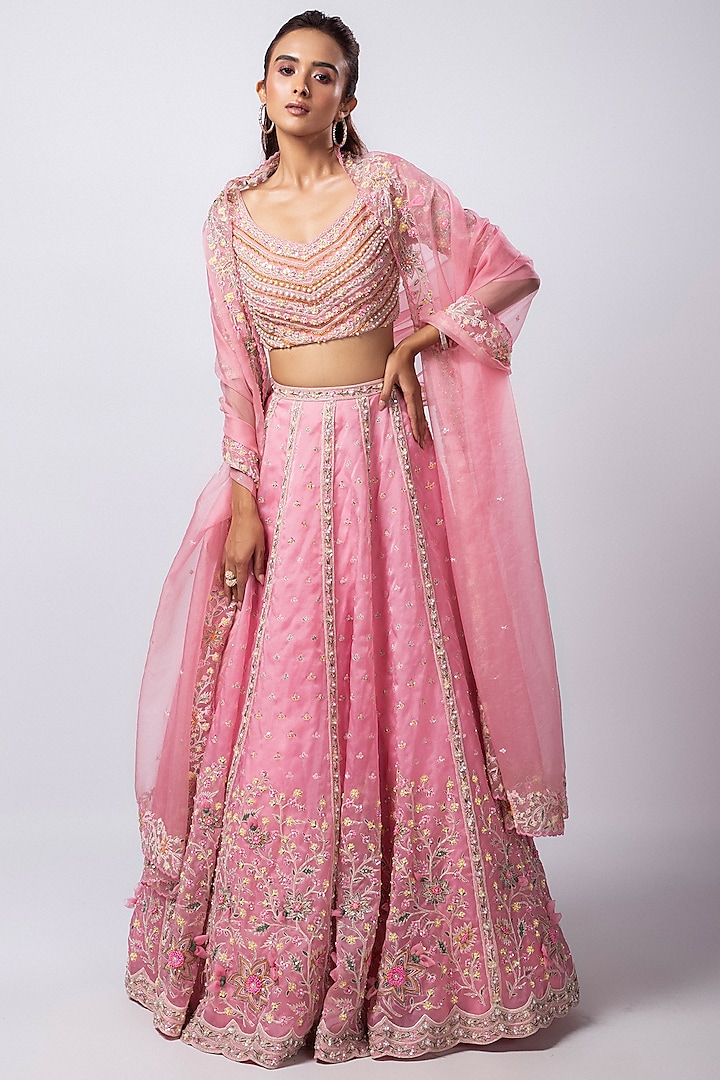 Pink Chiffon Taffeta Sequins & Beads Embroidered Lehenga Set by Smriti by Anju Agarwal