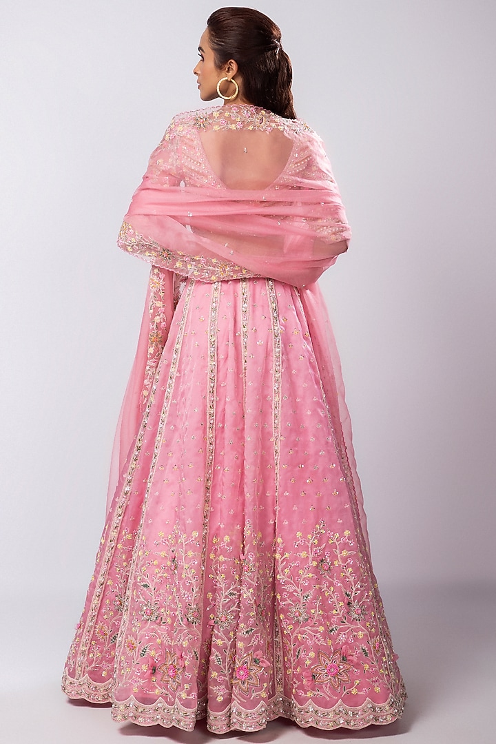Pink Chiffon Taffeta Sequins & Beads Embroidered Bridal Lehenga Set by Smriti by Anju Agarwal at Pernia's Pop Up Shop