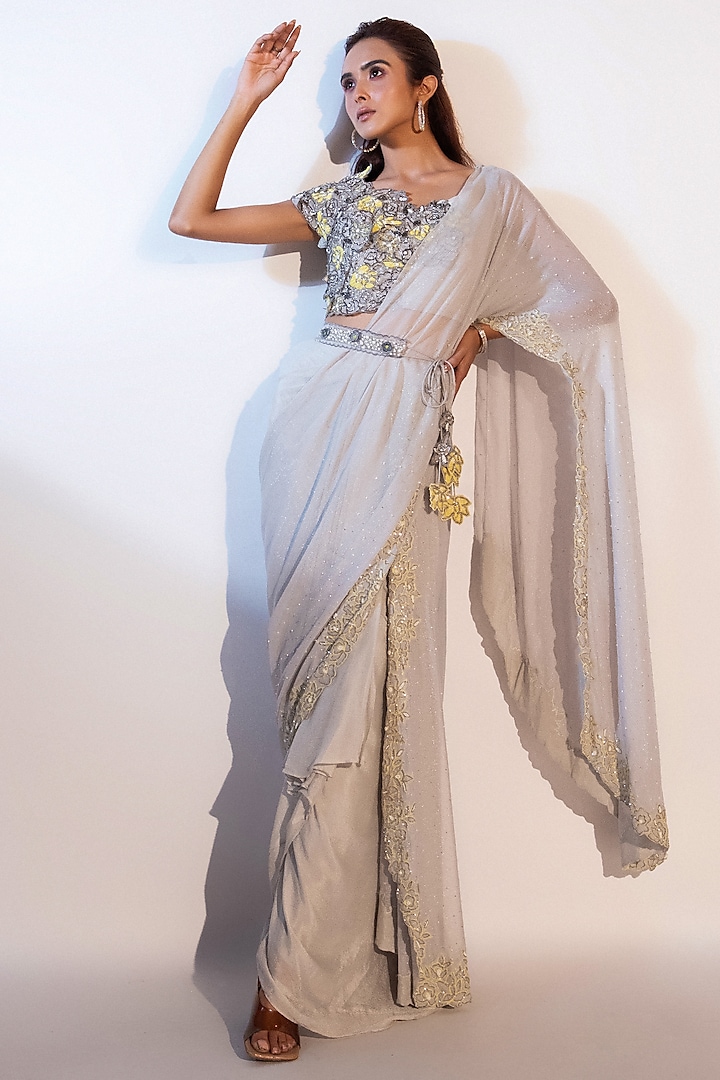 Grey Chinon Taffeta Crepe Draped Skirt Saree Set by Smriti by Anju Agarwal