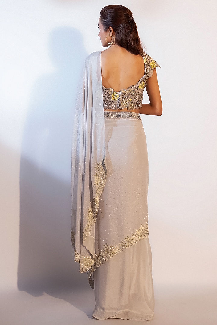 Grey Chinon Taffeta Crepe Draped Skirt Wedding Saree Set by Smriti by Anju Agarwal at Pernia's Pop Up Shop