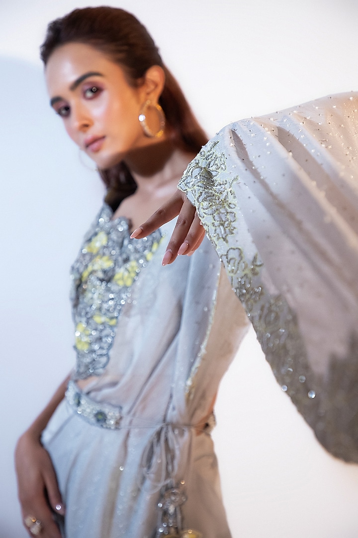 Grey Chinon Taffeta Crepe Draped Skirt Wedding Saree Set by Smriti by Anju Agarwal at Pernia's Pop Up Shop