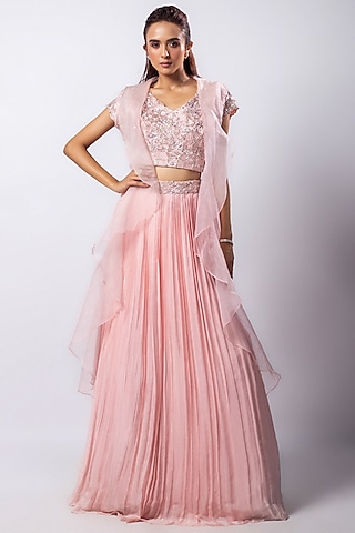 Pink Chinon Taffeta Pleated Jacket Lehenga Set by Smriti by Anju Agarwal