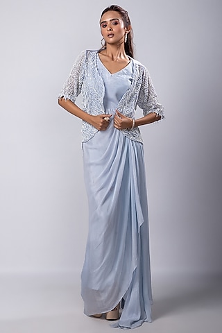 Anju Off-The-Shoulder Jacquard Pleated Gown