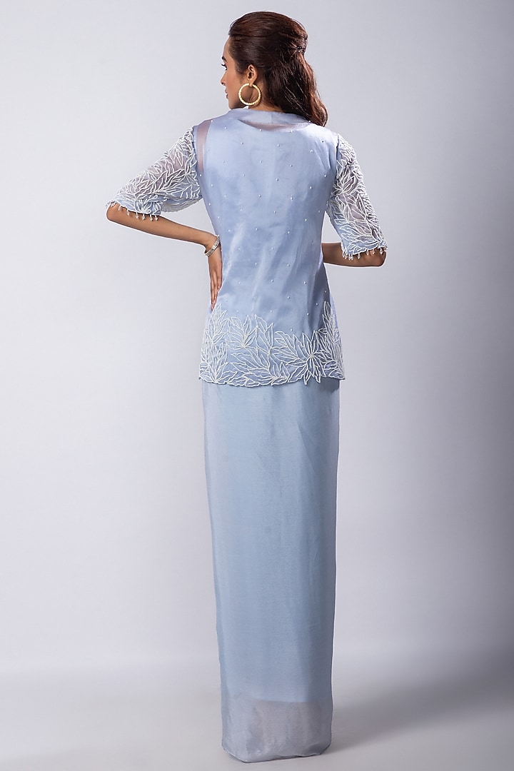 Powder Blue Chinon Taffeta Draped Jacket Vacation Dress by Smriti by Anju Agarwal at Pernia's Pop Up Shop
