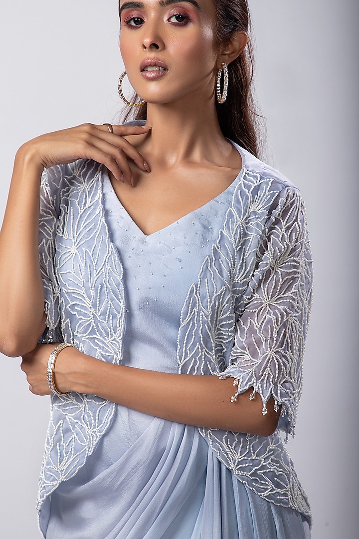 Powder Blue Chinon Taffeta Draped Jacket Vacation Dress by Smriti by Anju Agarwal at Pernia's Pop Up Shop