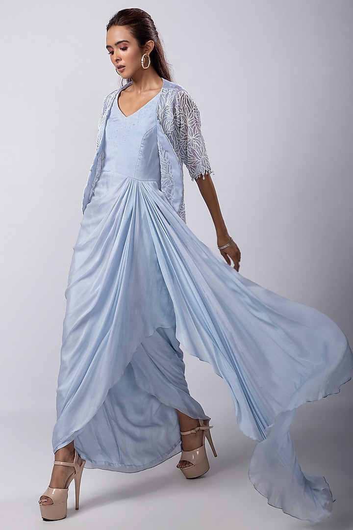 Powder Blue Chinon Taffeta Draped Jacket Vacation Dress by Smriti by Anju Agarwal at Pernia's Pop Up Shop