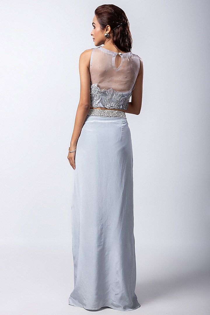 Grey Crepe Taffeta Draped Skirt Set by Smriti by Anju Agarwal at Pernia's Pop Up Shop