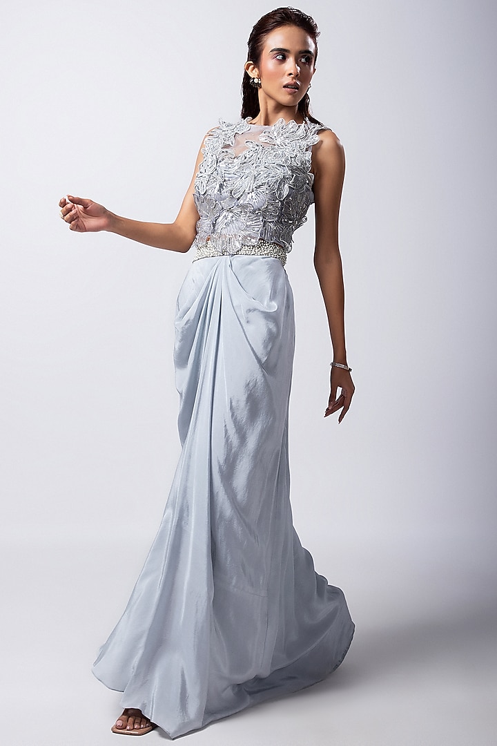 Grey Crepe Taffeta Draped Skirt Set by Smriti by Anju Agarwal at Pernia's Pop Up Shop