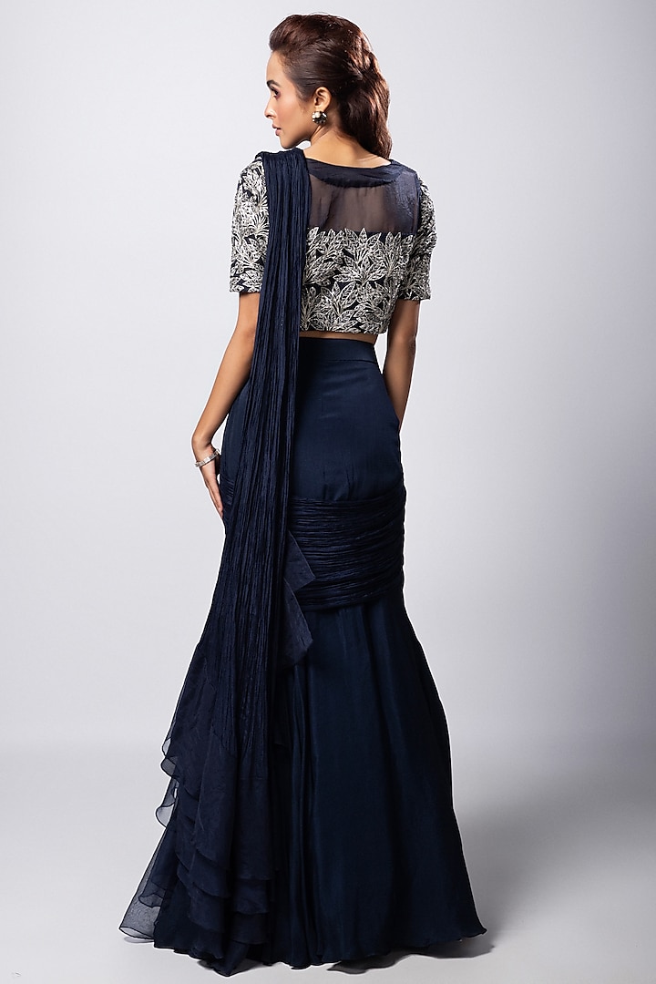 Navy Blue Chinon Taffeta Draped Wedding Lehenga Saree Set by Smriti by Anju Agarwal at Pernia's Pop Up Shop