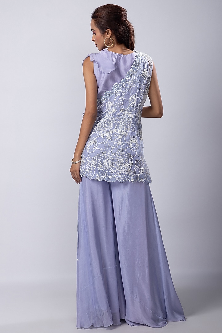 Lavender Organza Embroidered One-Shoulder Cape Set by Smriti by Anju Agarwal at Pernia's Pop Up Shop