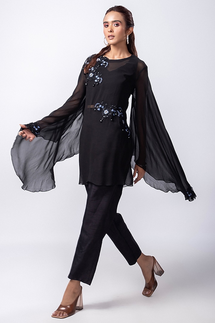 Black Silk Taffeta Pant Set by Smriti by Anju Agarwal at Pernia's Pop Up Shop