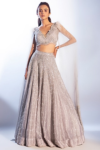 Grey Satin Organza Taffeta Embellished Lehenga Set by Smriti by Anju Agarwal