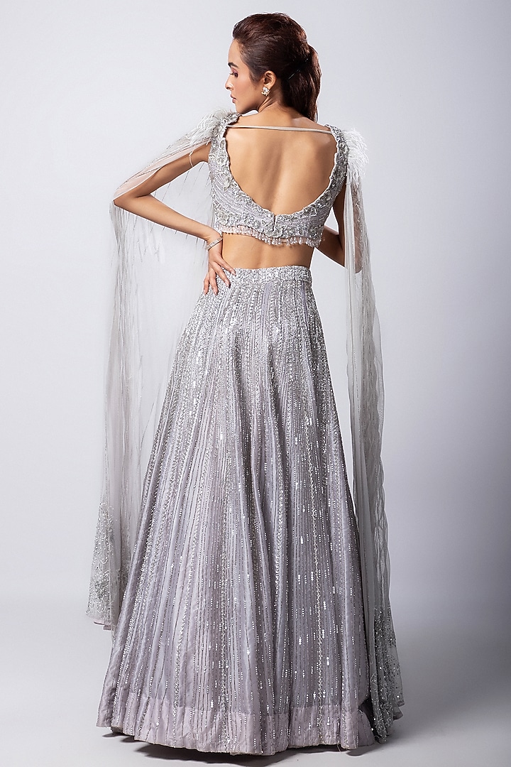 Grey Satin Organza Taffeta Embellished Wedding Lehenga Set by Smriti by Anju Agarwal at Pernia's Pop Up Shop