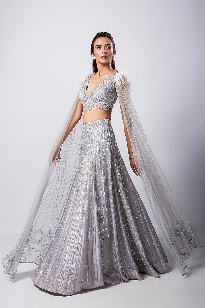 Grey Satin Organza Taffeta Embellished Wedding Lehenga Set by Smriti by Anju Agarwal at Pernia's Pop Up Shop