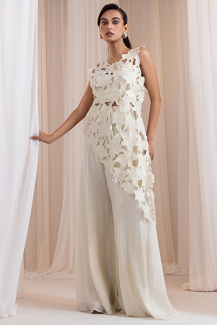 Ivory Chinon Floral Cutwork Pant Set by Smriti by Anju Agarwal at Pernia's Pop Up Shop