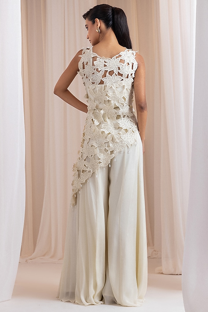 Ivory Chinon Floral Cutwork Pant Set by Smriti by Anju Agarwal at Pernia's Pop Up Shop