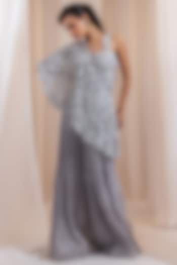 Grey Organza Cutwork Cape Set by Smriti by Anju Agarwal at Pernia's Pop Up Shop