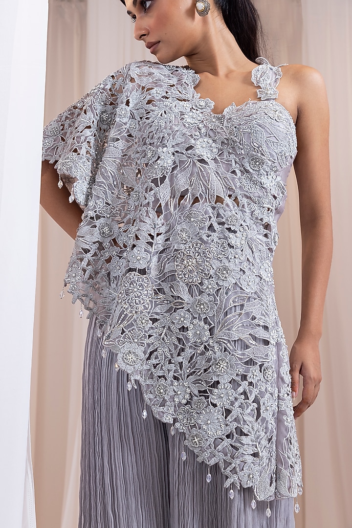 Grey Organza Cutwork Cape Set by Smriti by Anju Agarwal at Pernia's Pop Up Shop