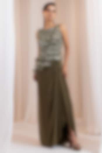 Olive Green Crepe Draped Skirt Set by Smriti by Anju Agarwal at Pernia's Pop Up Shop