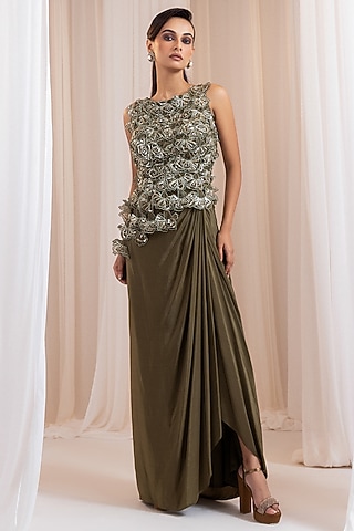 Olive Green Crepe Draped Skirt Set by Smriti by Anju Agarwal