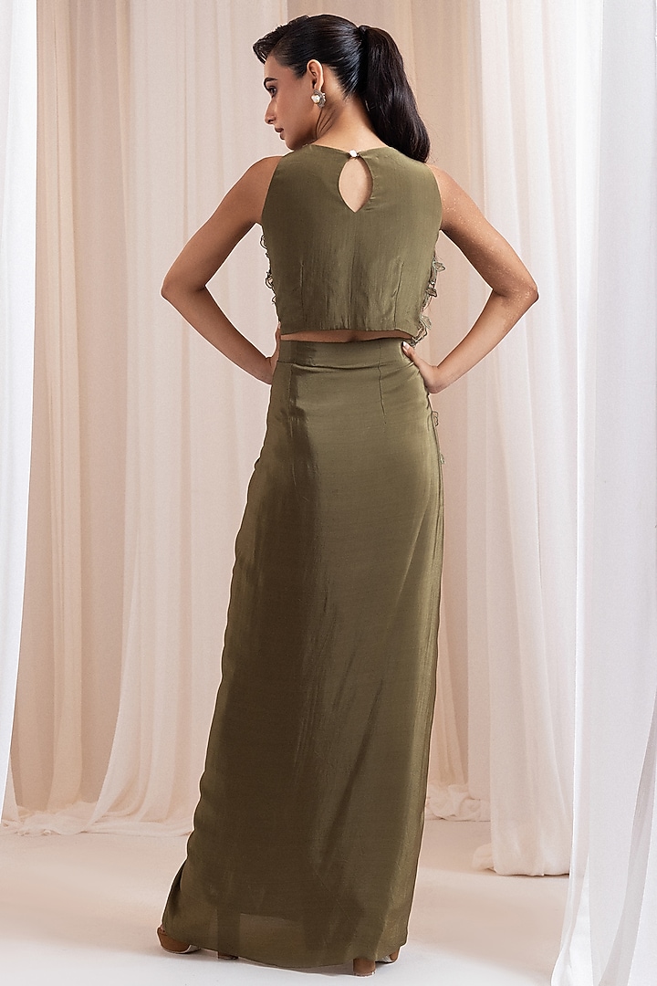 Olive Green Crepe Draped Skirt Set by Smriti by Anju Agarwal at Pernia's Pop Up Shop