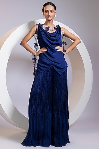 Blue Chinon Palazzo Pant Set by Smriti by Anju Agarwal