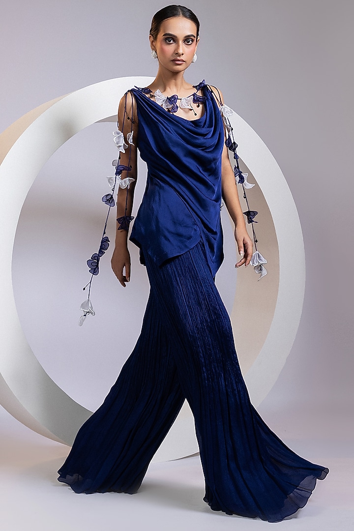Blue Chinon Palazzo Pant Set by Smriti by Anju Agarwal at Pernia's Pop Up Shop