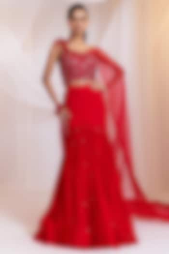 Ruby Chinon & Net Pre-Draped Wedding Saree Set by Smriti by Anju Agarwal at Pernia's Pop Up Shop