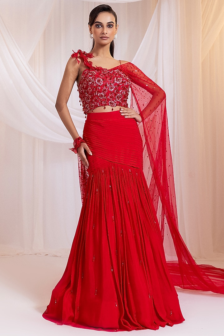 Ruby Chinon & Net Pre-Draped Wedding Saree Set by Smriti by Anju Agarwal at Pernia's Pop Up Shop