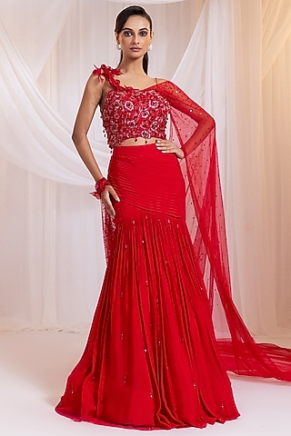 Ruby Chinon & Net Pre-Draped Saree Set by Smriti by Anju Agarwal