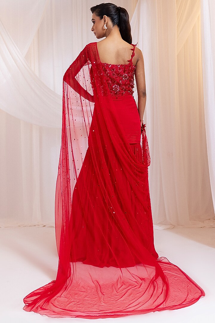 Ruby Chinon & Net Pre-Draped Wedding Saree Set by Smriti by Anju Agarwal at Pernia's Pop Up Shop
