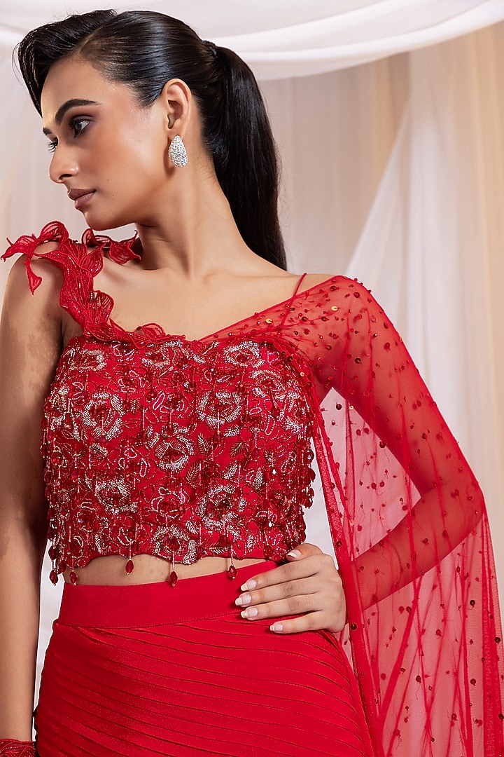 Ruby Chinon & Net Pre-Draped Wedding Saree Set by Smriti by Anju Agarwal at Pernia's Pop Up Shop