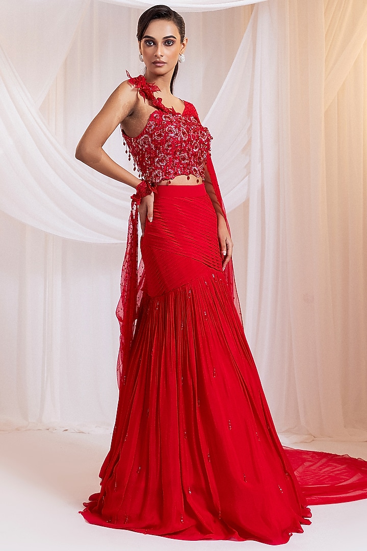 Ruby Chinon & Net Pre-Draped Wedding Saree Set by Smriti by Anju Agarwal at Pernia's Pop Up Shop