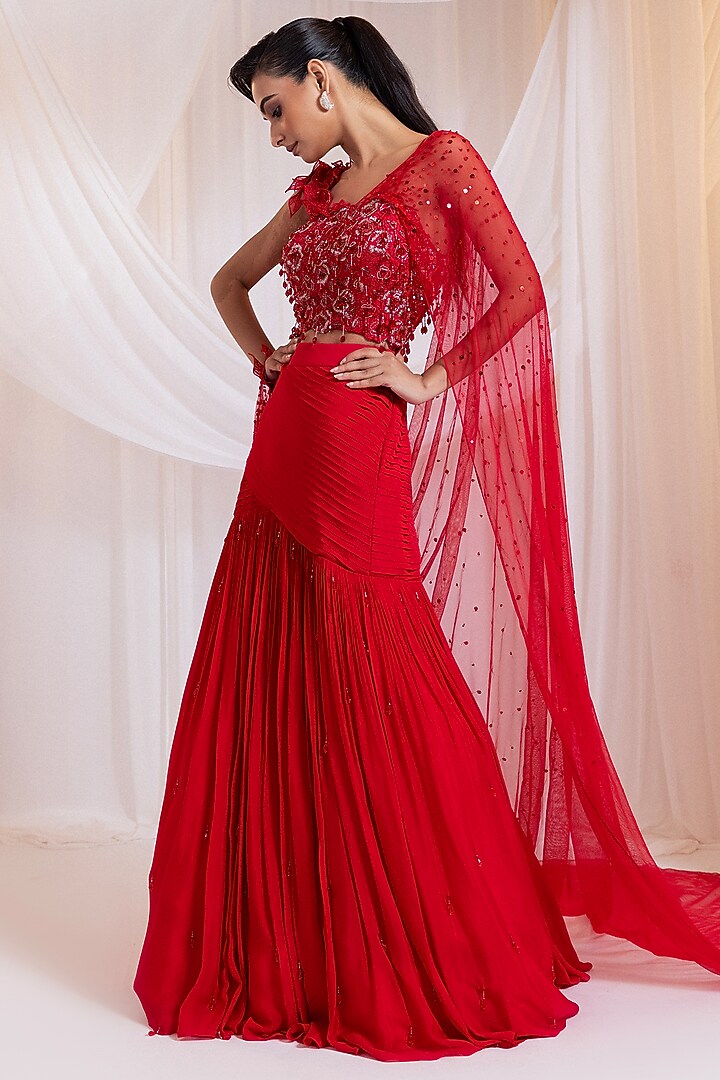 Ruby Chinon & Net Pre-Draped Wedding Saree Set by Smriti by Anju Agarwal at Pernia's Pop Up Shop