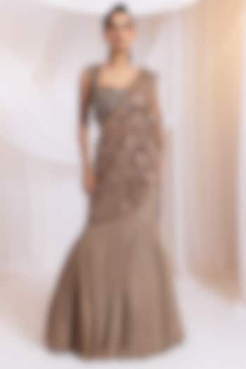 Brown Chinon & Organza Cutwork Pre-Draped Wedding Saree Set by Smriti by Anju Agarwal at Pernia's Pop Up Shop