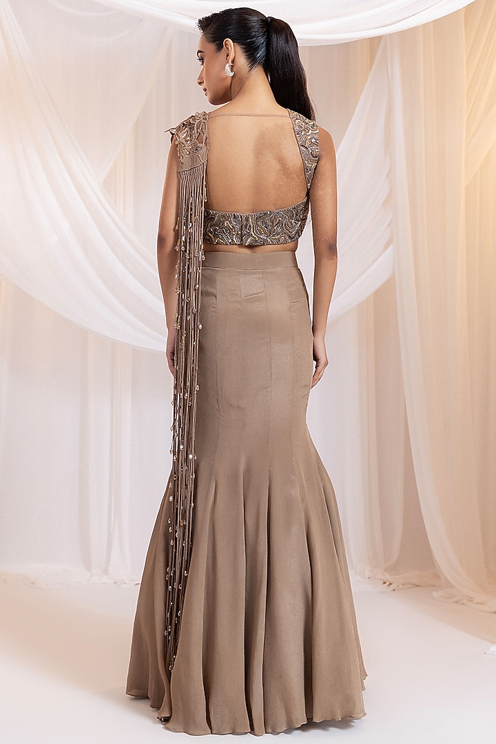 Brown Chinon & Organza Cutwork Pre-Draped Wedding Saree Set by Smriti by Anju Agarwal at Pernia's Pop Up Shop