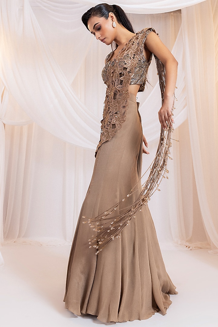 Brown Chinon & Organza Cutwork Pre-Draped Wedding Saree Set by Smriti by Anju Agarwal at Pernia's Pop Up Shop