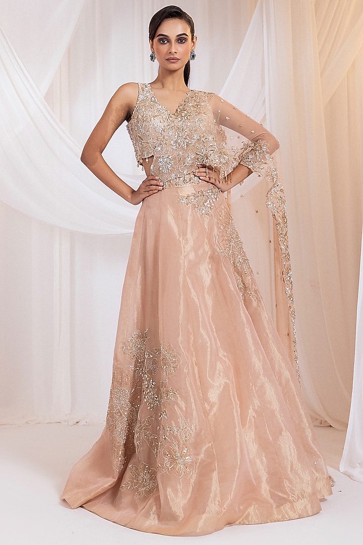 Nude Pink Tissue Embellished Wedding Lehenga Set by Smriti by Anju Agarwal at Pernia's Pop Up Shop