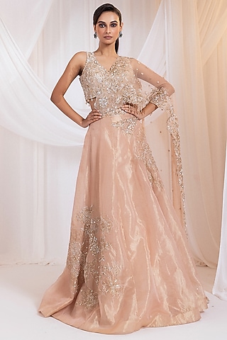 Nude Pink Tissue Embellished Lehenga Set by Smriti by Anju Agarwal
