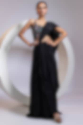 Black Crepe Embroidered Pre-Draped Skirt Party Wear Saree Set by Smriti by Anju Agarwal at Pernia's Pop Up Shop