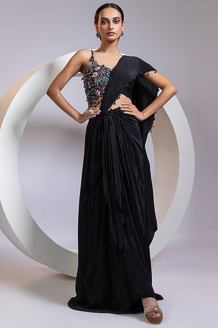 Black Crepe Embroidered Pre-Draped Skirt Party Wear Saree Set by Smriti by Anju Agarwal at Pernia's Pop Up Shop