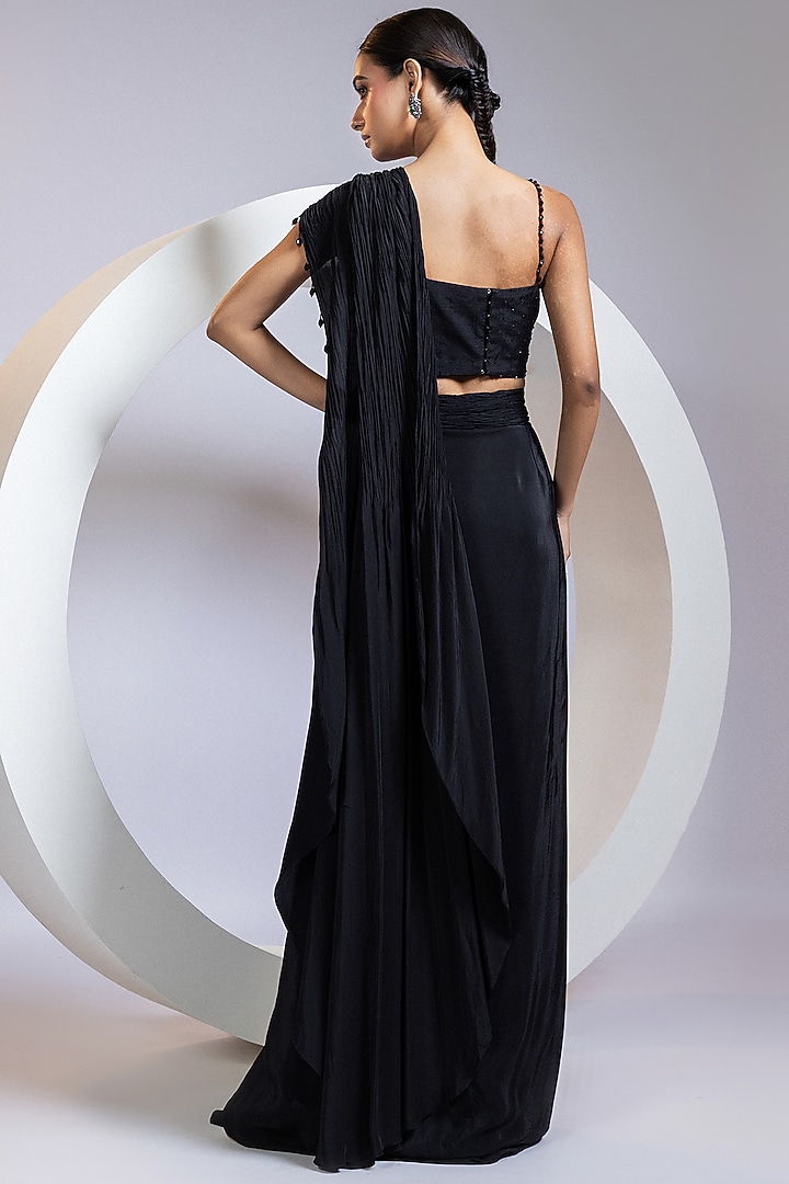 Black Crepe Embroidered Pre-Draped Skirt Party Wear Saree Set by Smriti by Anju Agarwal at Pernia's Pop Up Shop