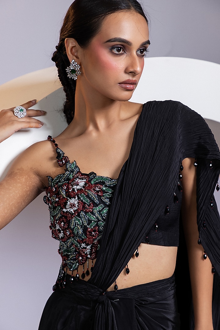 Black Crepe Embroidered Pre-Draped Skirt Party Wear Saree Set by Smriti by Anju Agarwal at Pernia's Pop Up Shop