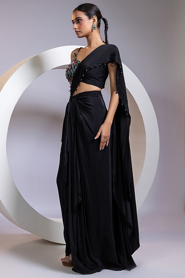 Black Crepe Embroidered Pre-Draped Skirt Party Wear Saree Set by Smriti by Anju Agarwal at Pernia's Pop Up Shop