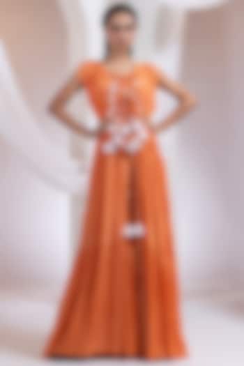 Tangerine Chinon Floral Applique Work Cape Set by Smriti by Anju Agarwal at Pernia's Pop Up Shop
