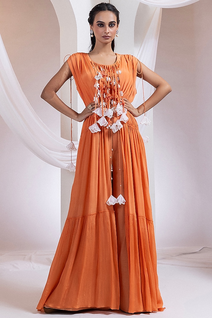 Tangerine Chinon Floral Applique Work Cape Set by Smriti by Anju Agarwal at Pernia's Pop Up Shop