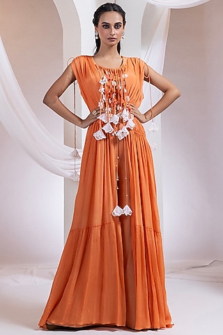 Tangerine Chinon Floral Applique Work Cape Set by Smriti by Anju Agarwal