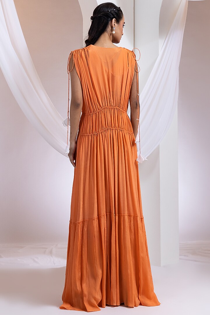 Tangerine Chinon Floral Applique Work Cape Set by Smriti by Anju Agarwal at Pernia's Pop Up Shop