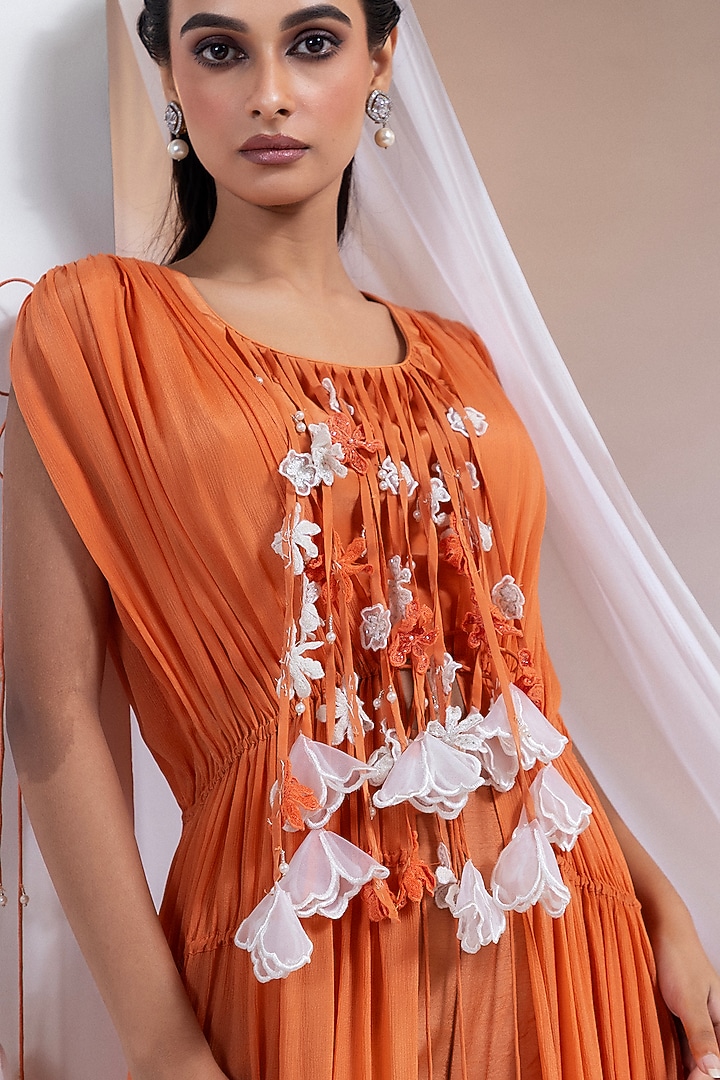 Tangerine Chinon Floral Applique Work Cape Set by Smriti by Anju Agarwal at Pernia's Pop Up Shop