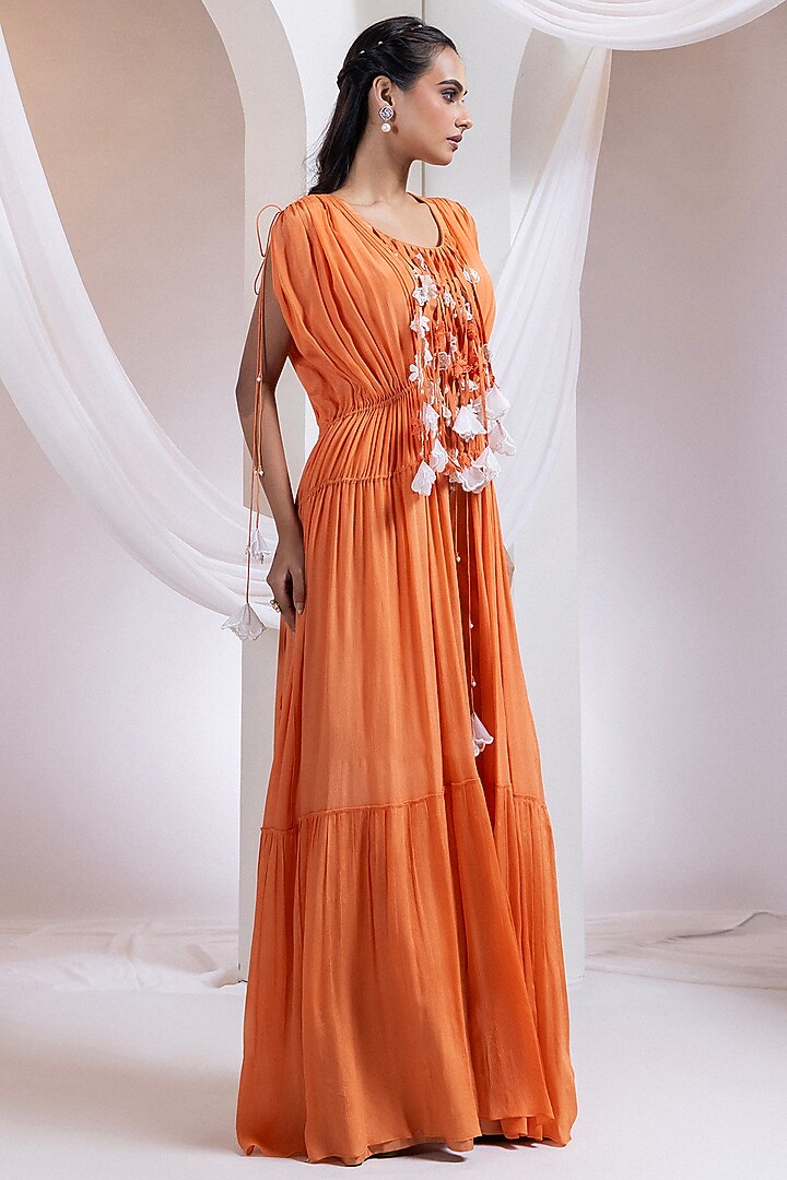 Tangerine Chinon Floral Applique Work Cape Set by Smriti by Anju Agarwal at Pernia's Pop Up Shop